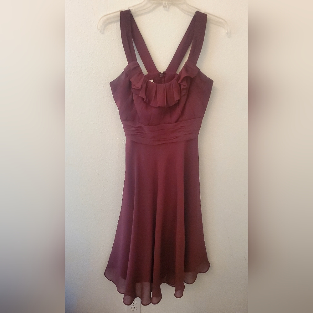 David's Bridal | Short Chiffon Crinkle Dress with Ruffled Neckline in Wine Color